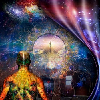 Surrealism. Different thoughts in men's heads. Man with weird demonic eyes on skin. Figure of man on road to Heaven. Warped space.