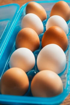 fresh rural eggs in a blue plastic bag