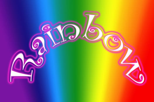 Graphic design or illustration of text RAINBOW with white and pink letters on colorful rainbow background.