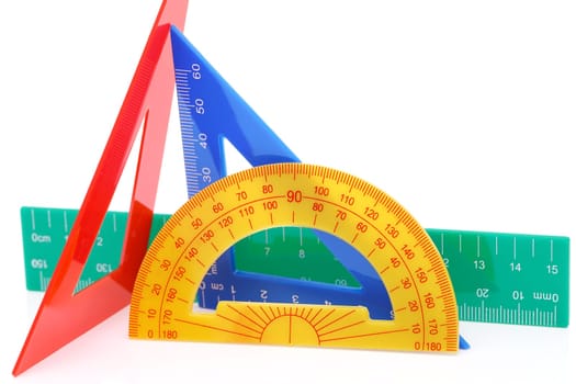 School tools set square, ruler, protractor on white background