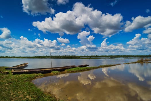 Idyllic Lake With Reflection, landscape with fishing boats