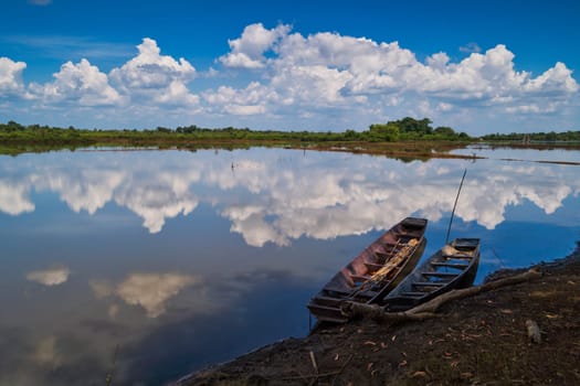Idyllic Lake With Reflection, landscape with fishing boats