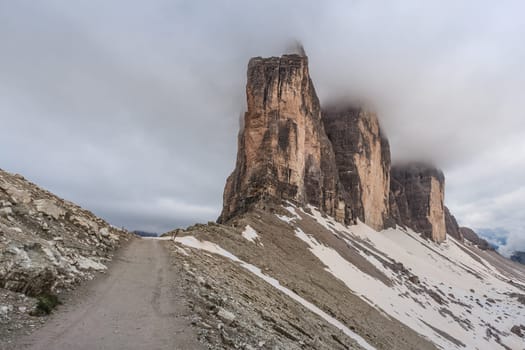 Tre cime di Lavaredo at sunset, Dolomite Alps, Italy