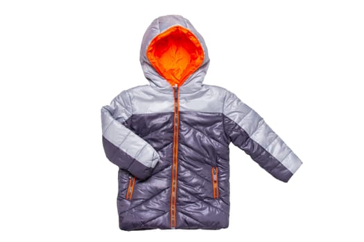 Winter jacket isolated. A stylish black warm down jacket with orange lining for the kids isolated on a white background. Childrens wear for winter.