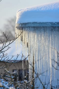 The roof of a house covered with snow and icicles. Icicles hanging from roof. Winter in Latvia. White snow on the roof and icicles hanging from a slate roof.