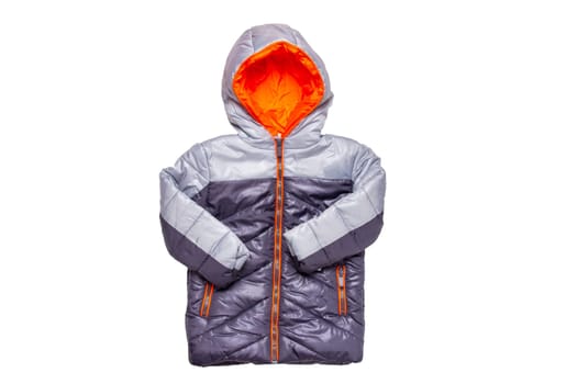 Winter jacket isolated. A stylish black warm down jacket with orange lining for the kids isolated on a white background. Childrens wear for winter.