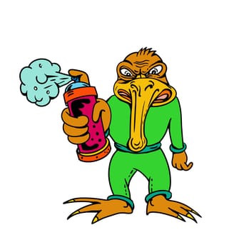 Cartoon style illustration of a kiwi bird graffiti artist spray painting and pointing a paint spray can viewed from front on isolated background in color.
