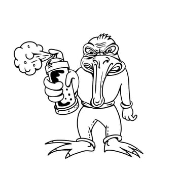 Cartoon style illustration of a kiwi bird graffiti artist holding and pointing a paint spray can viewed from front on isolated background in black and white.