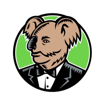 Retro woodcut style illustration of a koala bear, an arboreal herbivorous marsupial native to Australia, wearing a tuxedo black tie looking to side set inside circle done in full color.