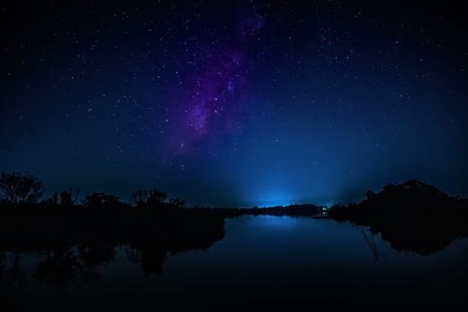 Landscape Night Milky Way, lake with blue sky and stars