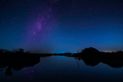 Landscape Night Milky Way, lake with blue sky and stars