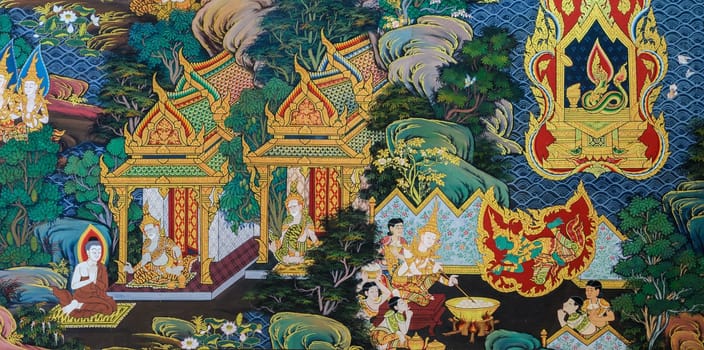 AYUTTHAYA ,THAILAND - MARCH 4, 2015 : Ancient Buddhist temple mural painting of the life of Buddha inside of Wat Phra khao in Ayutthaya, Thailand