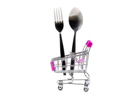 Fork and spoon in the shopping cart isolated on white background.