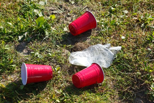 Garbage, rubbish after the Party on a meadow