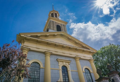 beautiful modern church architecture building front view on a sunny day