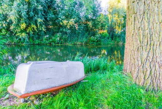 boat next to a tree in the grass beautiful water landscape