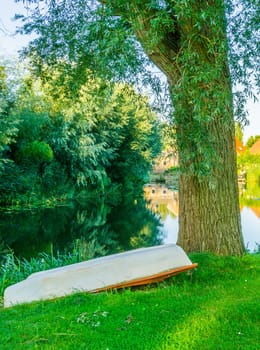upside down boat in the park next to a tree with beautiful pond water landscape