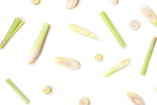 Fresh green lemongrass slices isolated on white background.