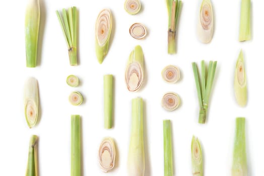 Fresh green lemongrass slices isolated on white background.