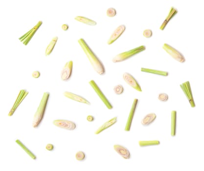 Fresh green lemongrass slices isolated on white background.