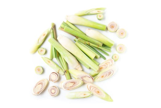 Fresh green lemongrass slices isolated on white background.
