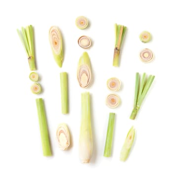 Fresh green lemongrass slices isolated on white background.