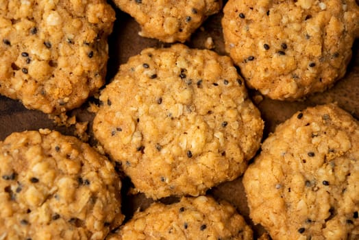 Close up vegan oatmeal chiaseeds cookies with natural light.