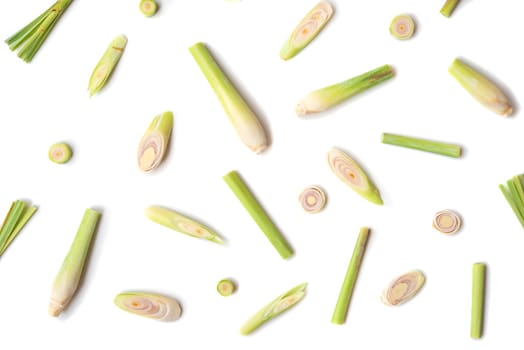 Fresh green lemongrass slices isolated on white background.