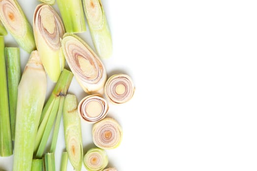 Fresh green lemongrass slices with copy space, isolated on white background.