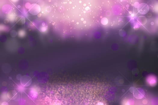 A festive purple abstract Happy New Year or Christmas texture background and with color blurred bokeh lights, stars and particle. Space for design. Card concept or advertising.