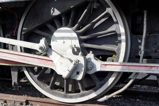 Wheels a closeup of the old locomotive with the steam engine on railway track