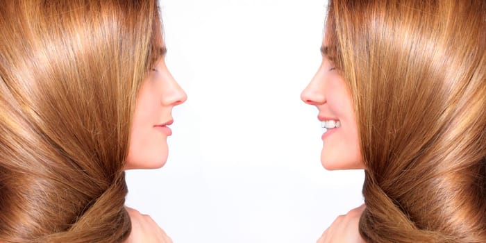 Profiles of two beautiful women with long blond hair
