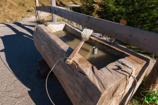 Wide-angle view of a water trough formed from a tree trunk with a washing brush lying on it for cleaning soiled hiking boots at a rest stop in the Bavarian Alps in summer.