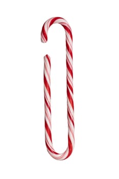 Traditional Christmas striped candy cane isolated on a white background. Top view.