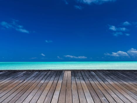 beach in Maldives with few palm trees and blue lagoon..