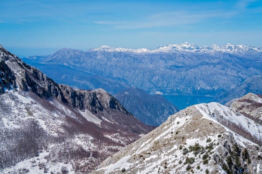 Kotor Bay and stunning mountain winter landscape as seen from the top of Mount Lovcen in Lovcen National Park, Montenegro