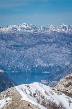Kotor Bay and stunning mountain winter landscape as seen from the top of Mount Lovcen in Lovcen National Park, Montenegro