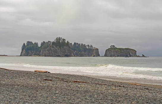 Coastal Islands in the Fog and Mist from Rialto Beach in Olympic National Park in Washington