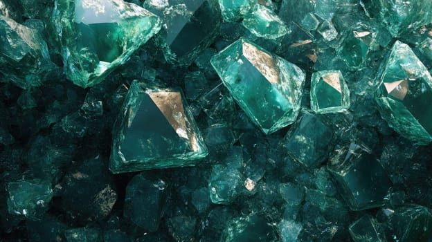 A dazzling collection of emerald crystals captures the light, revealing intricate facets and deep green shades. This display showcases nature's artistry in mineral formation.