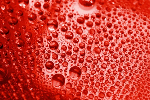Close up water drops on red tone background.