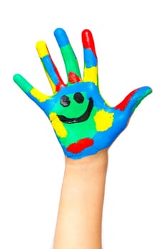 Laughing colorful child hand to the right