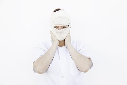 Girl with sad eyes bandaged nurse, medical