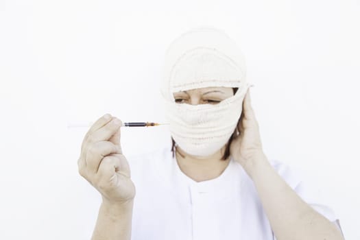 Sick with syringe bandaged, disease and medical