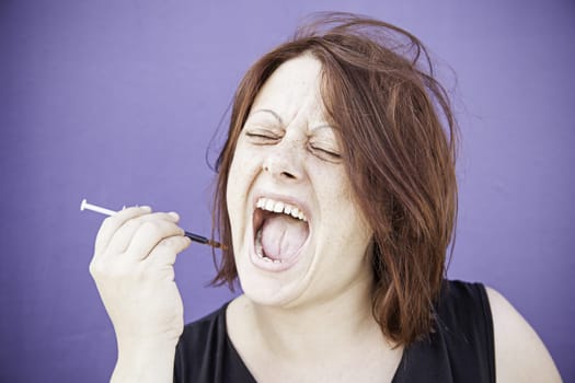 Girl pricking poison in the neck, pain and fear