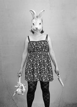 Girl in halloween rabbit mask, fear and terror