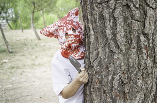 Murderer in forest with knife in park, halloween