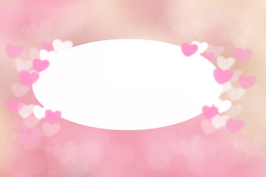 Abstract festive blur bright pink pastel background with a white frame and white pink hearts bokeh made for valentine or wedding card. Space for design. Card concept.
