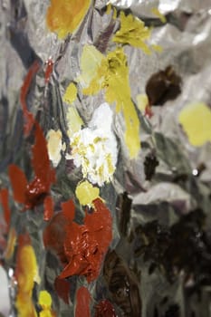 Mix palette paints in art studio, creation and painter