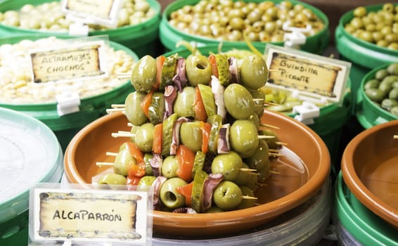 Banderilla of olives and peppers, food and pickles