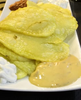French fries with mayonnaise and bravas, food and restaurant